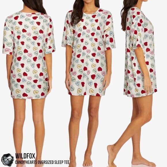 WILDFOX SLEEP CANDY HEARTS PRINT OVERSIZED SLEEP T-SHIRT IN WHITE NIGHTSHIRT NEW - Picture 15 of 15